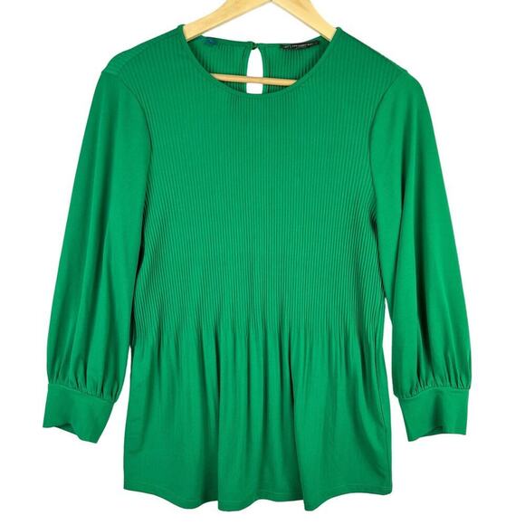 Adriana Papell Pleated Georgette Crepe Blouse Kelly Green Keyhole Blouse Small - Picture 2 of 12